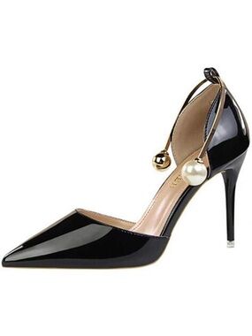 Black Patent Pointed Toe Stiletto Pumps with Pearl Ankle Detail